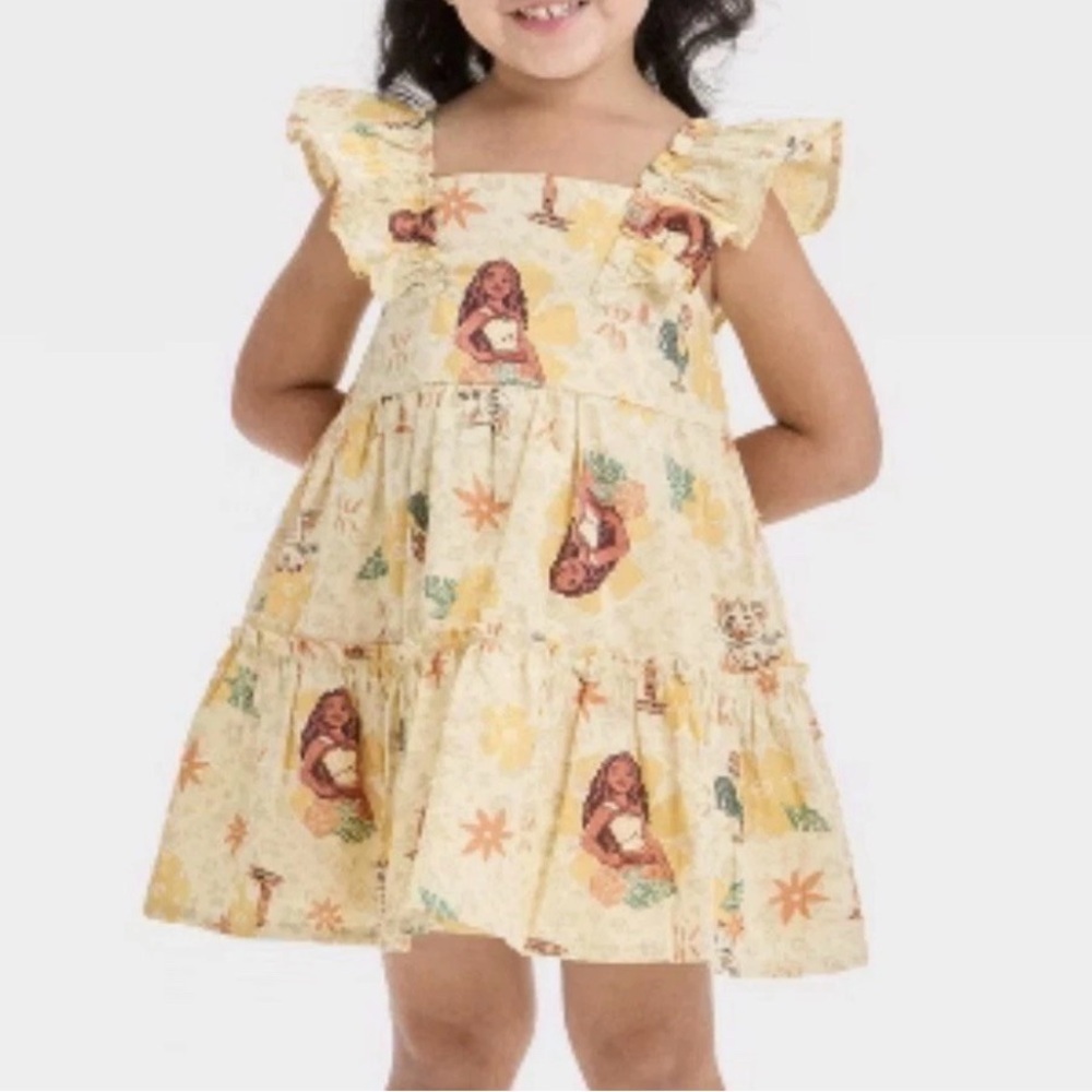 Disney Moana 2 Girls Cotton Tiered Texture Swiss Dot Flutter Sleeve Dress